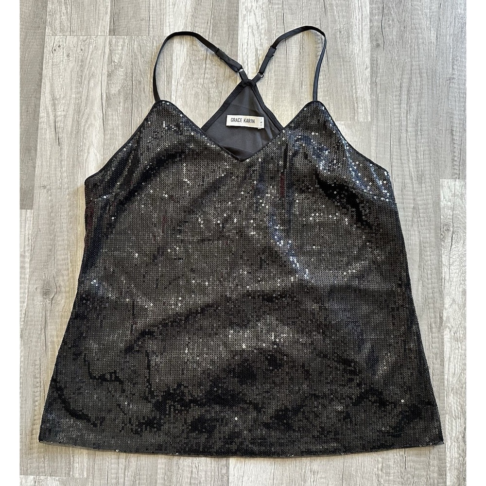 Grace Karin Sequin Halter Top Large Sleeveless Dressy Sparkle Tank Camisole Blck